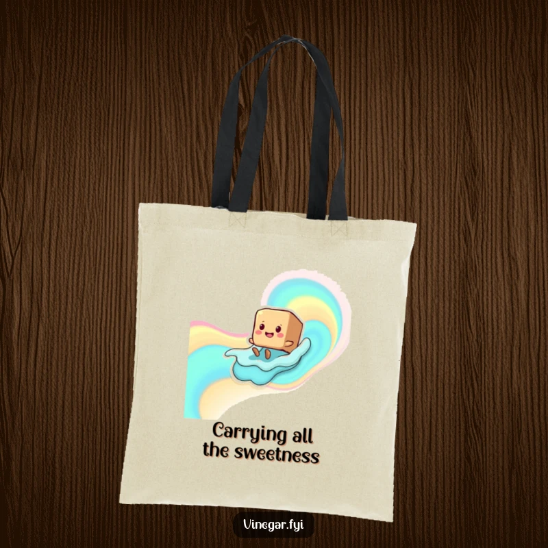 Funny smiling brown sugar cube character with tiny legs sliding down a liquid wave, printed on a durable and humorous tote bag.