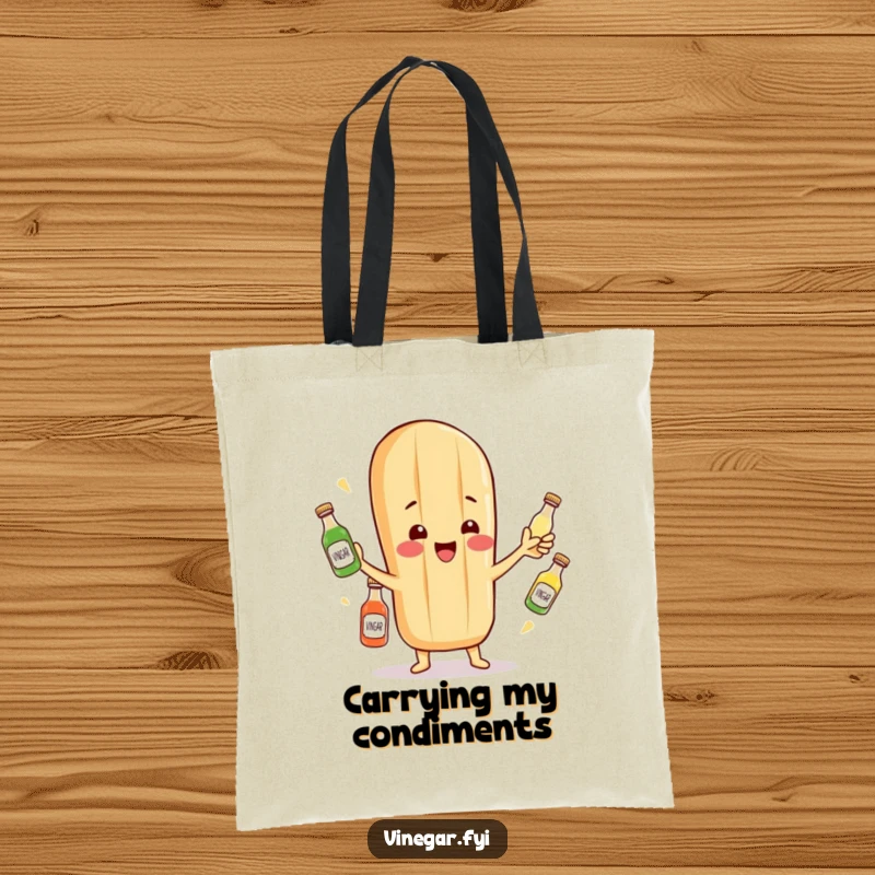 Funny tote bag with a cheerful baguette character juggling miniature vinegar bottles, ready for any task.