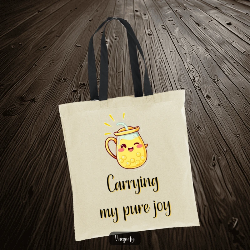 Funny tote bag featuring a radiant yellow lemonade pitcher character winking, ready to pour, adding a touch of refreshing, humorous style to everyday use.