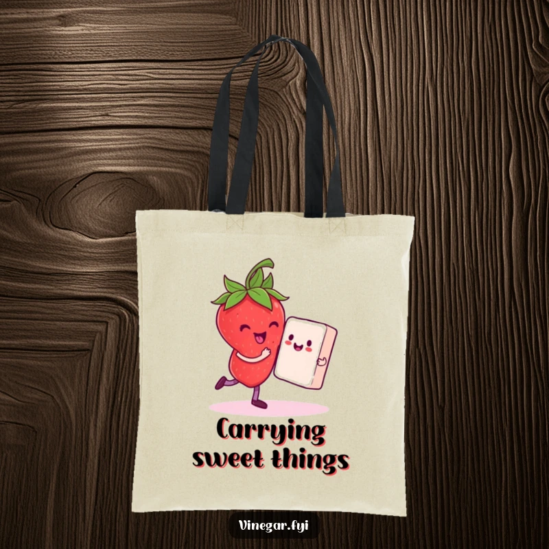 Funny tote bag featuring a delighted strawberry dancing with a sugar cube partner, a sweet and stylish accessory.