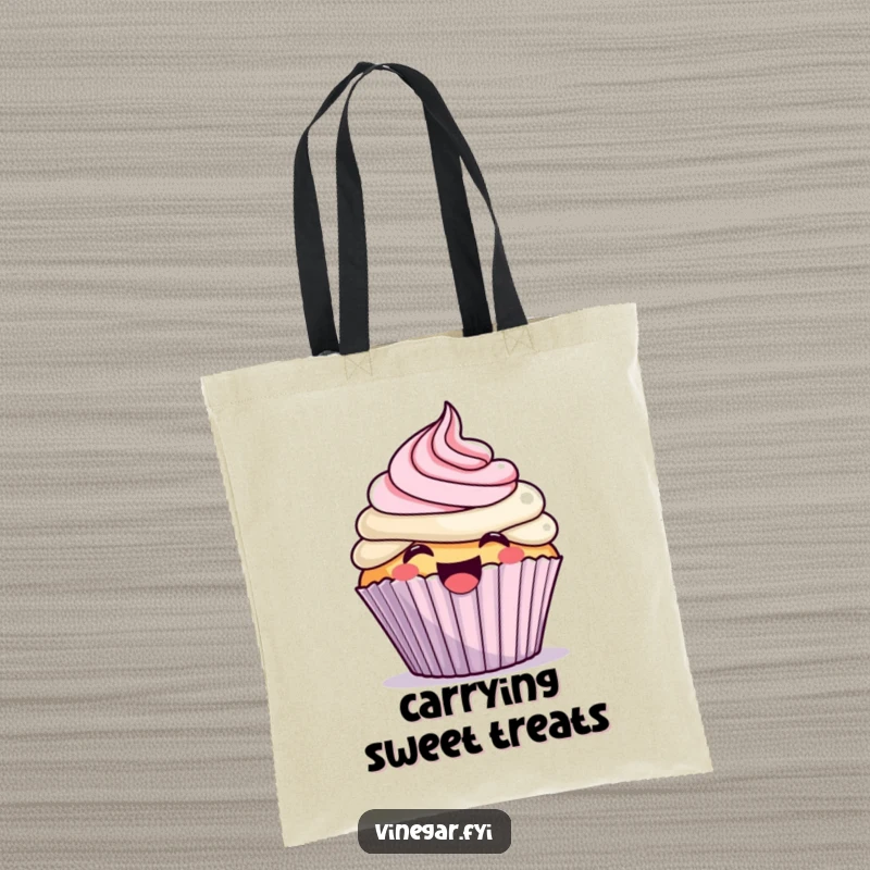 Funny kawaii cupcake excitedly frosting itself with a giggle, on a spacious tote bag, perfect for carrying groceries or treats.