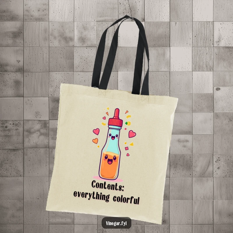 Funny condiment squeeze bottle spraying a rainbow of shapes on a durable tote bag, perfect for carrying essentials with flair.