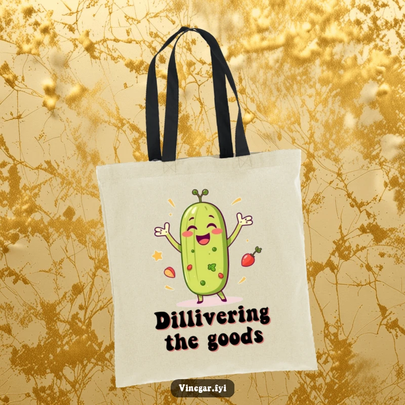 Funny tote bag featuring a happy pickle dancing amongst salad ingredients, perfect for carrying groceries with a side of healthy humor.