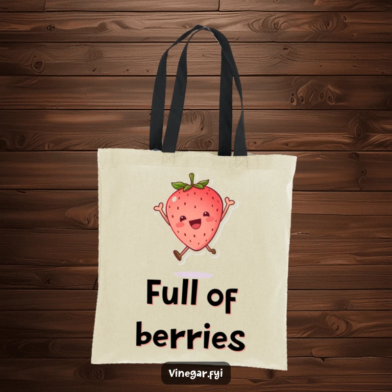 Funny tote bag with a kawaii strawberry leaping joyfully, leaf tilted, perfect for carrying essentials with a sweet, happy vibe.