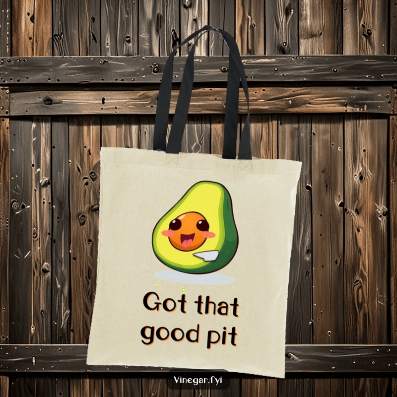Funny, delighted avocado slicing itself with a tiny knife, on a durable tote bag.
