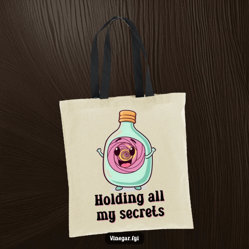 Funny squat bottle character, happy and showcasing a swirling vortex within, printed on a durable and whimsical tote bag.