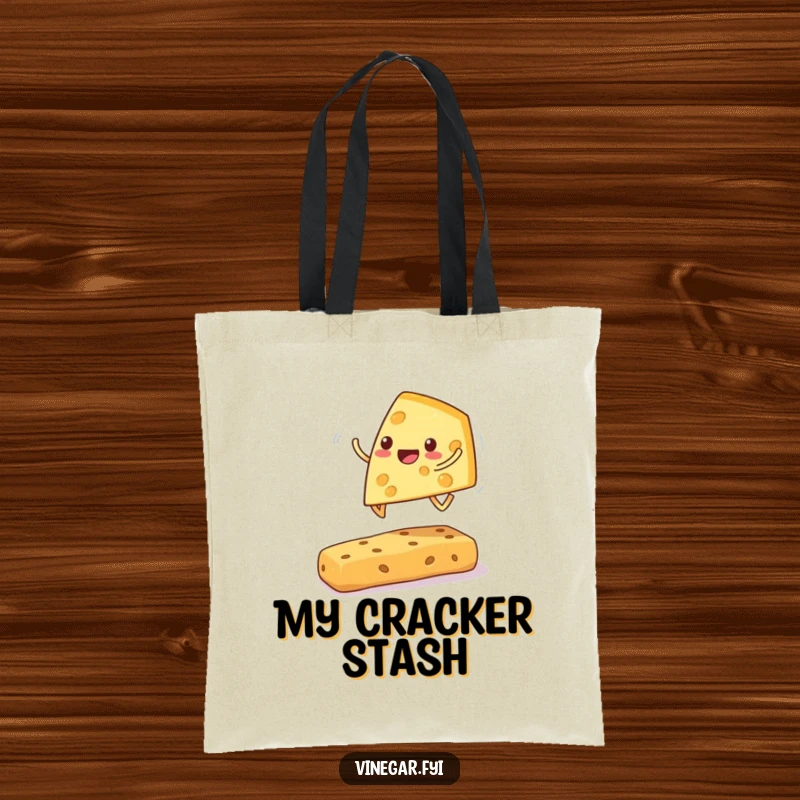 Funny cheese wedge tote bag with a cheerful wedge playing leapfrog over a cracker, perfect for carrying goodies humorously.