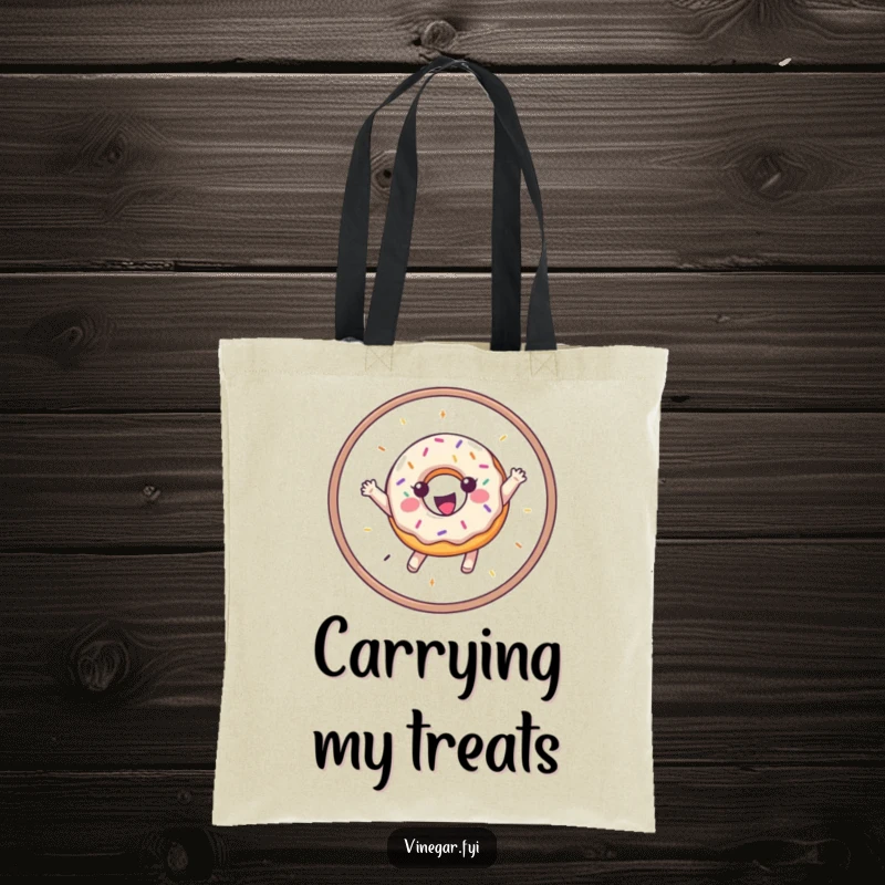 Funny tote bag featuring a joyful donut with sprinkles leaping through a hoop, perfect for shopping or daily use.