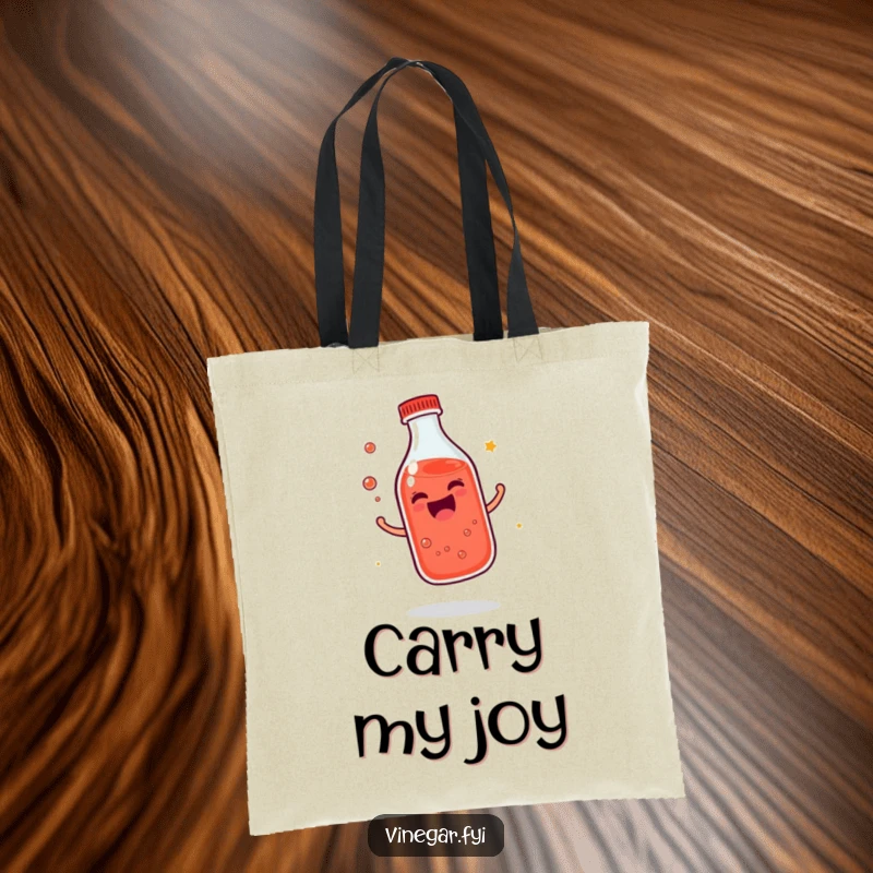 Funny giggling bottle of reddish liquid tote bag bouncing with infectious joy, ideal for carrying essentials with fun, a funny gift.