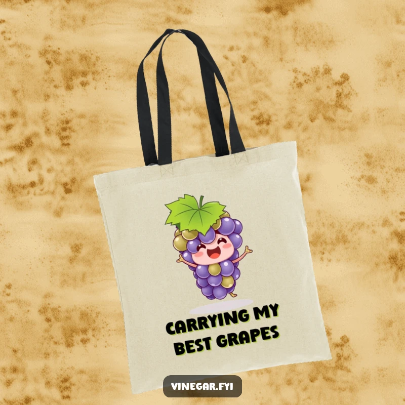 Funny grape bunch in a leaf hat, performing a comical dance, printed on a durable and spacious tote bag.