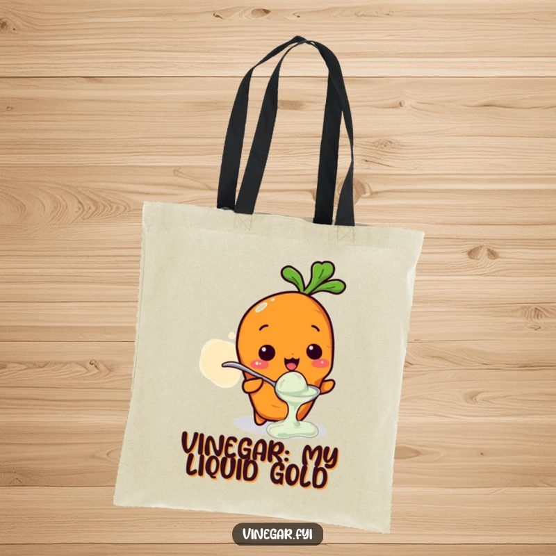 Funny tote bag depicting a small Kawaii carrot character tasting vinegar from a tiny spoon, with a contorted sour face, great funny gift.