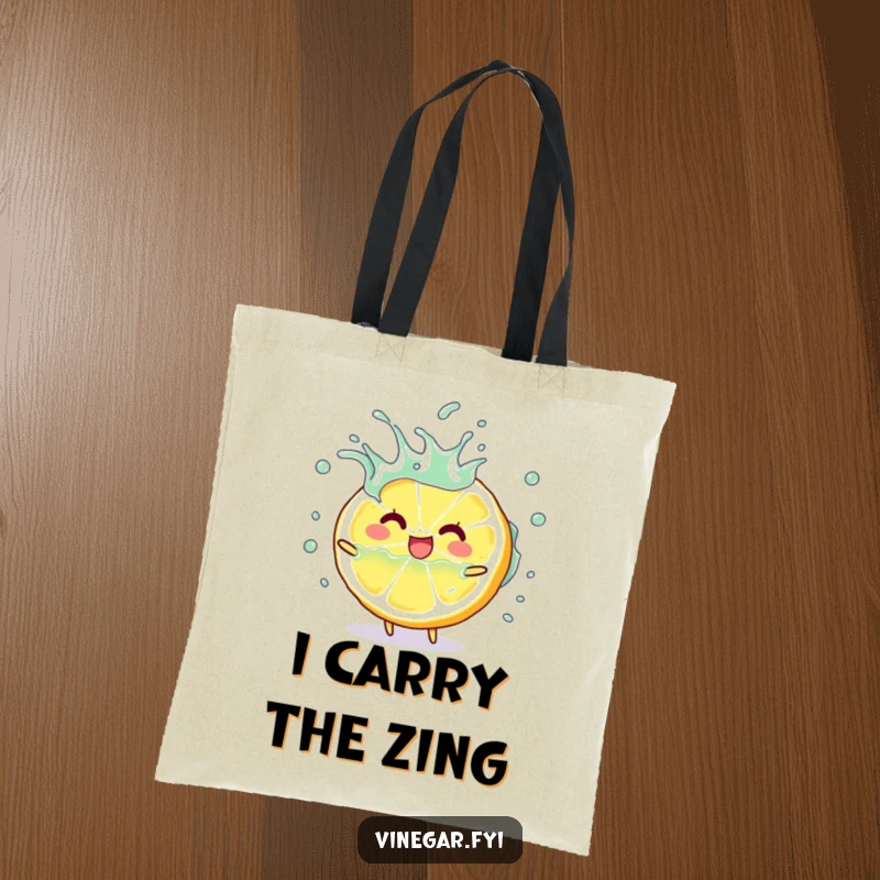 Funny happy lemon slice character playfully splashing vinegar on a durable tote bag, excellent funny gift.