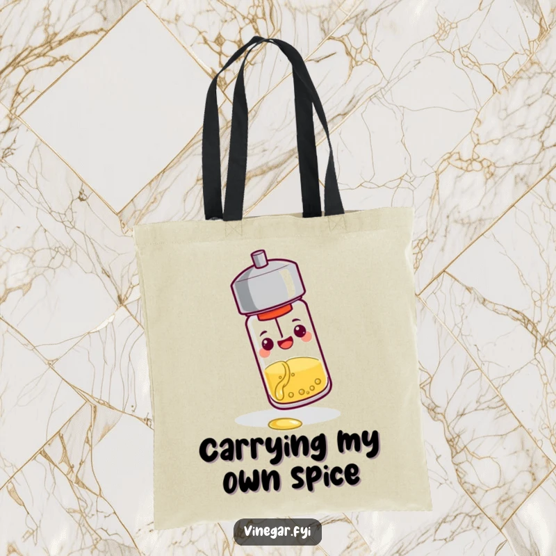 Funny tote bag: A cheerful pepper shaker tips over, pouring a tiny stream of vinegar, ideal for carrying items with a humorous, condiment-twist.