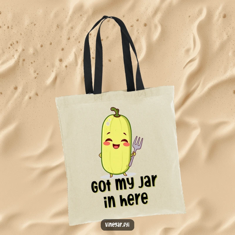 Funny tote bag depicting a giggling pickle in a confident pose with a tiny fork, a sassy and practical accessory.