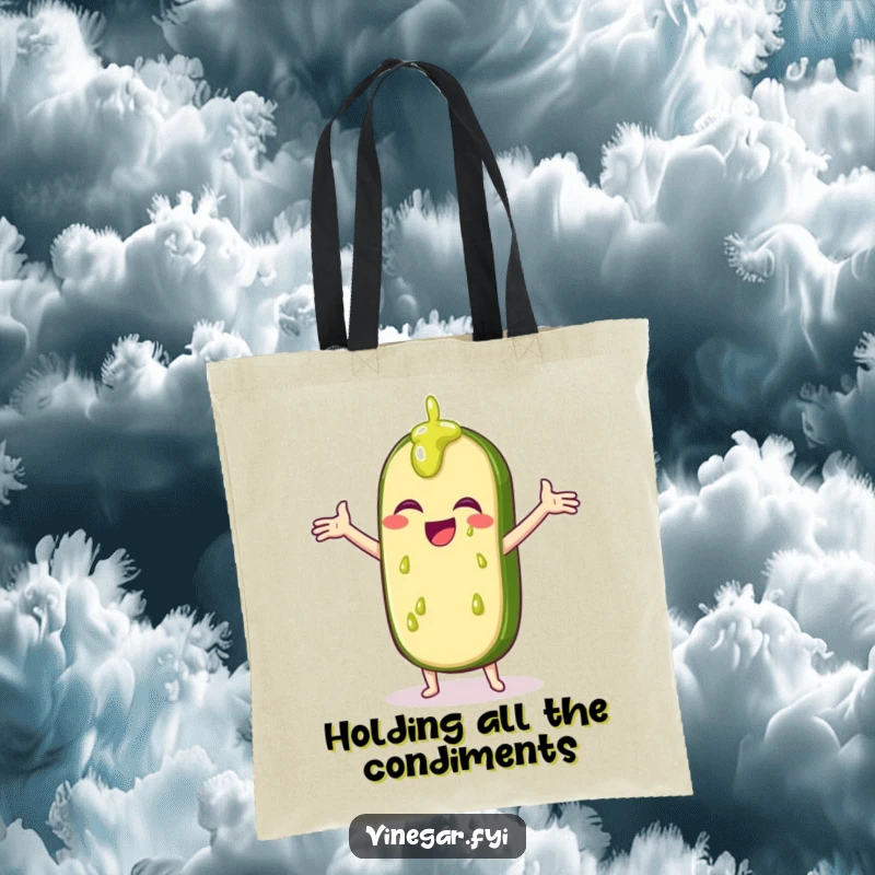 Funny tote bag with a giggling pickle slice catching drips of vinegar, a humorous and practical accessory.