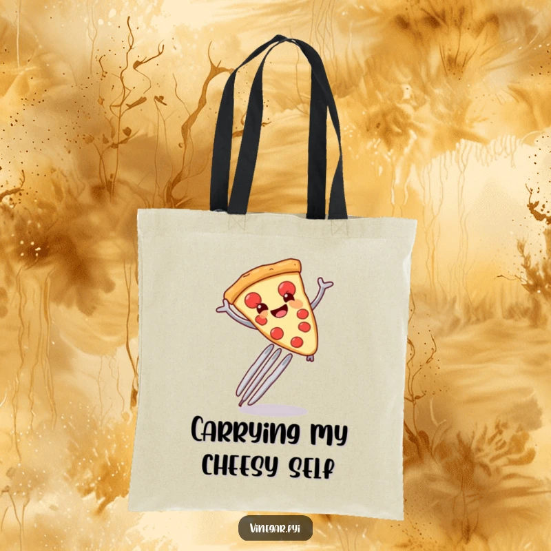 Funny anthropomorphic pizza slice leaping over a giant fork, printed on a durable and stylish tote bag.