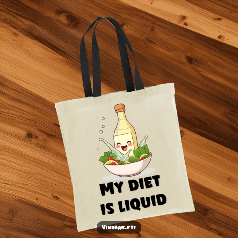 Funny tote bag with a smiling vinegar bottle playfully splashing into a salad bowl, ideal for carrying groceries.