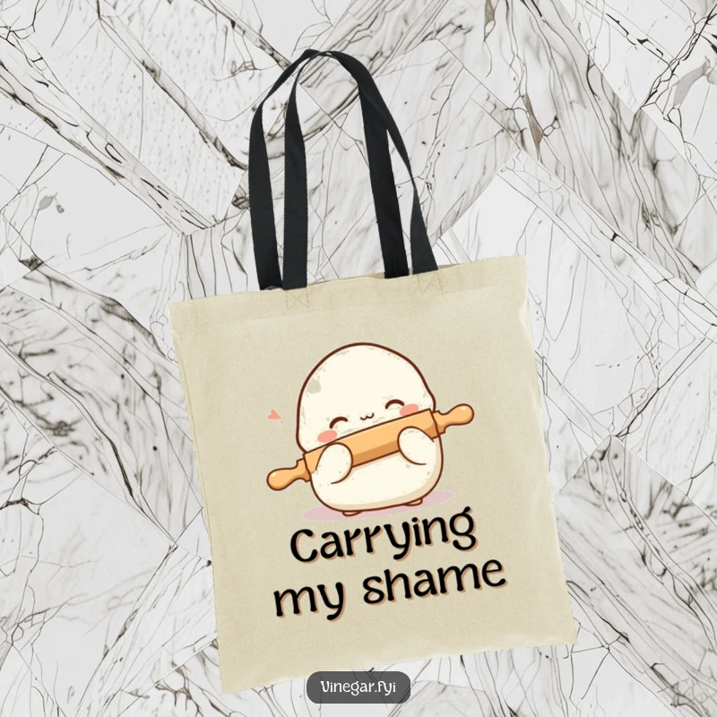Funny tote bag printed with a shy dumpling blushing and peeking from behind a miniature rolling pin, a cute and practical accessory.