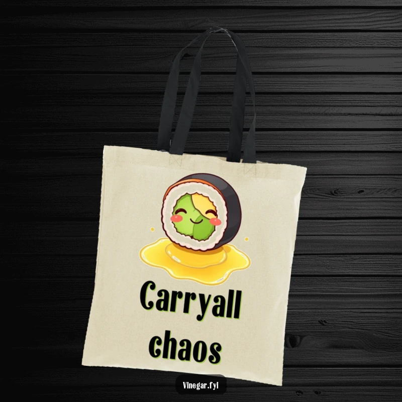Funny tote bag depicting a smiling sushi roll comically slipping on spilled vinegar, great for carrying items with a humorous, food-themed touch.