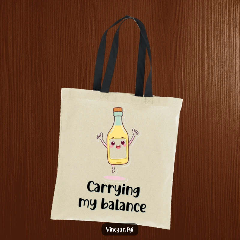 Funny Tote Bag with a cheerful vinegar bottle character balancing on its tip, looking triumphant and ready for any task.