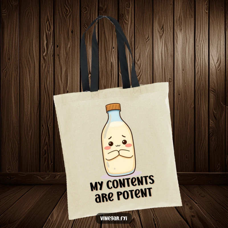 Funny tote bag with an unimpressed vinegar bottle arms crossed, showing disdain for milk, a practical and humorous accessory.