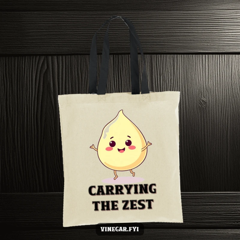 Funny tote bag featuring a smiling, jiggly vinegar blob doing a happy dance, perfect for carrying daily items.