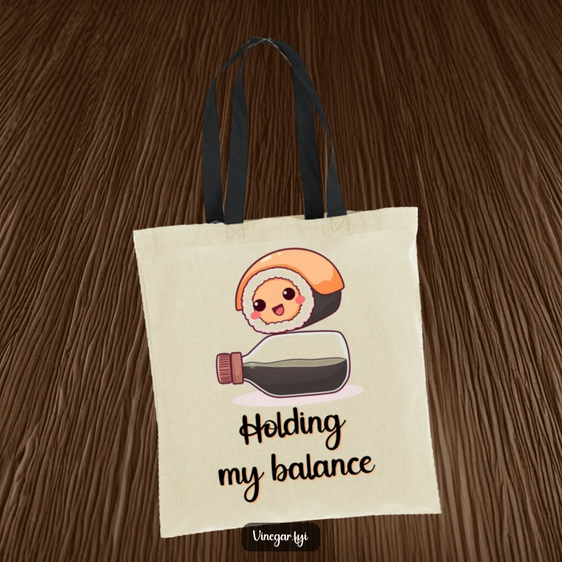 Funny tote bag: A happy, round sushi roll precariously balances on a vinegar bottle, ideal for carrying items with a humorous, food-centric twist.