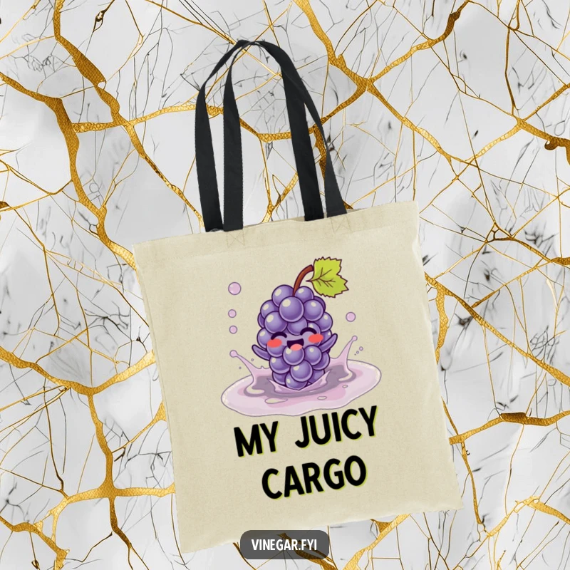 Funny Kawaii grape character, giggling while splashing in a vinegar puddle on this durable and funny tote bag. Fruity fun carryall.