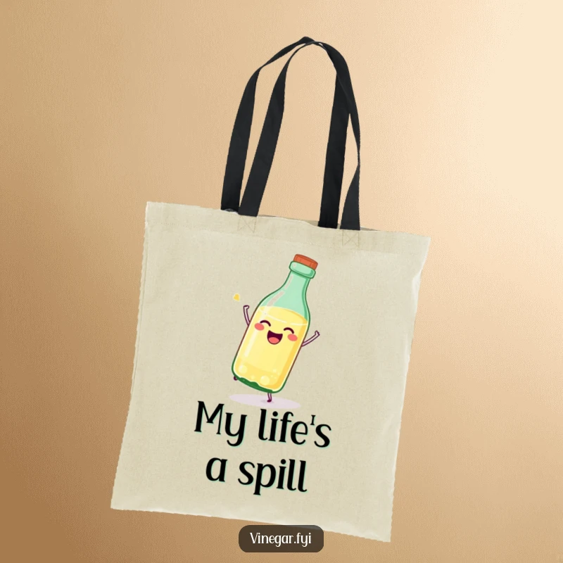 Funny vinegar bottle tote bag showing a joyful, stylized bottle tipping itself over with adorable glee.