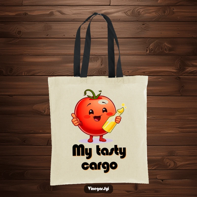 Funny Tote Bag showcasing a playful cherry tomato giving a thumbs up while holding a vinegar cruet, perfect for carrying daily items.